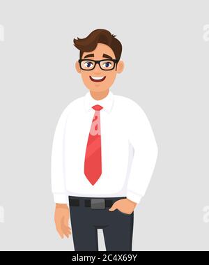 Portrait d'un jeune homme d'affaires en chemise blanche et cravate rouge, main dans la poche du pantalon, debout sur fond gris/gris. Émotion humaine et homme d'affaires Illustration de Vecteur