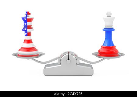 L'Amérique AMÉRICAINE et la Russie Kings Chess sur simple Balance échelle sur un fond blanc. Rendu 3d Banque D'Images