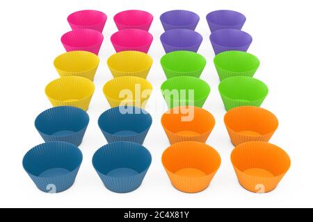 Des rangées de cupcake en silicone coloré sur fond blanc. Rendu 3d Banque D'Images