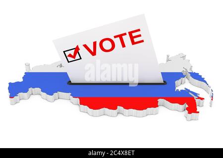 Vote en Russie concept. Carte de vote à moitié insérée dans l'urne en forme de carte russe avec drapeau sur fond blanc. Rendu 3d Banque D'Images