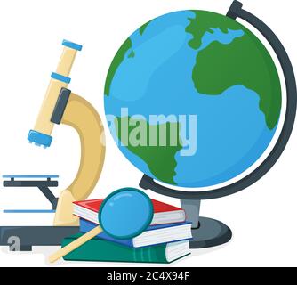 Globe et manuel, livre scolaire avec loupe, icône de microscope isolée sur une illustration blanche, vecteur de dessin animé. Bienvenue dans les fournitures scolaires Illustration de Vecteur