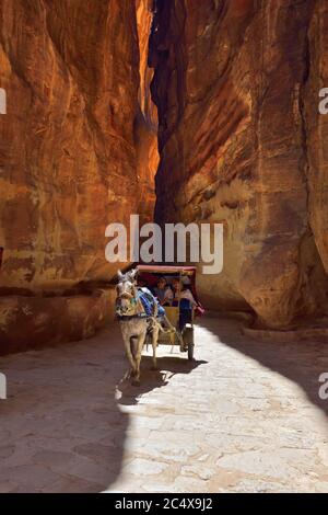 PETRA, JORDANIE - 2 avril 2015 : personnes non identifiées dans une calèche dans une gorge, canyon de Siq à Petra, Jordanie Banque D'Images