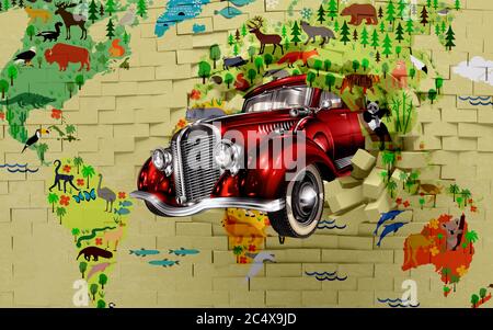 papier peint mural 3d briques murales cassées et rouge voiture classique . carte du monde en fond coloré convient pour enfants et enfants chambre papier peint . Banque D'Images