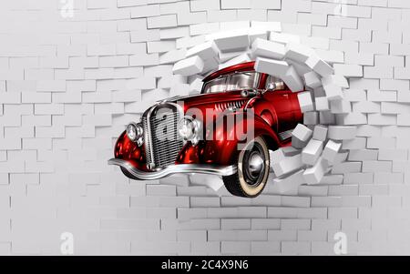 papier peint mural 3d briques murales cassées et rouge voiture classique . carte du monde en fond coloré convient pour enfants et enfants chambre papier peint . Banque D'Images