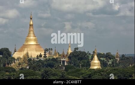 La Pagode historique dorée Shwedagon et les stupas sur la ligne d'arbre à Yangon, au Myanmar, officiellement Rangoon, en Birmanie Banque D'Images