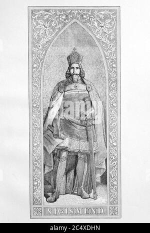 Sigismund de Luxembourg (* 15 février 1368; † 9 décembre 1437), de la Maison du Luxembourg. Il fut électeur de Brandebourg de 1378 à 1388 et de 1411 à 1415 roi de Hongrie et de Croatie depuis 1387, roi romain-allemand depuis 1411, roi de Bohême depuis 1419 et empereur romain-allemand en 1433 jusqu'à sa mort / Sigismund von Luxembourg (* 15. Février 1368; † 9. Dezember 1437), aus dem Hause der Luxemburg. Er war Kurfuerst von Brandenburg von 1378 bis 1388 und von 1411 bis 1415, Koenig von Ungarn und Kroatien seit 1387, roemisch-deutscher Koenig seit 1411, Koenig von Boehmen seit 1419 und Banque D'Images