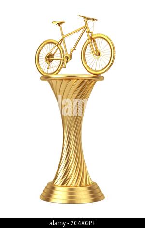 Golden Mountain Bike Award Trophée piédestal sur fond blanc. Rendu 3d Banque D'Images