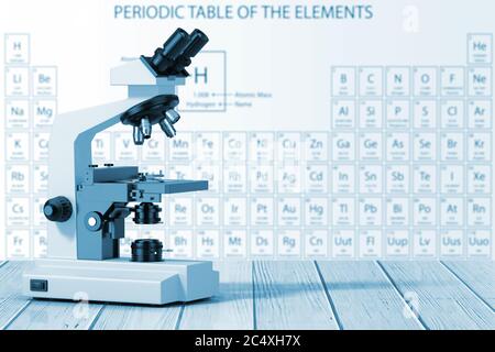 Microscope de laboratoire moderne devant le tableau périodique des éléments en bleu clé sur une table en bois. Rendu 3d Banque D'Images