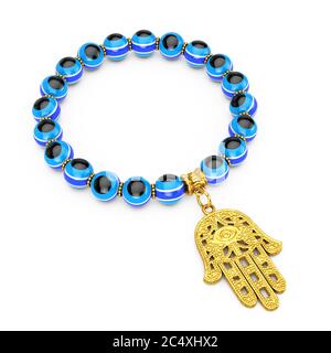 Bracelet avec Hamsa doré, main de Fatima Amulet et perles à l'oeil de mal sur fond blanc. Rendu 3d Banque D'Images