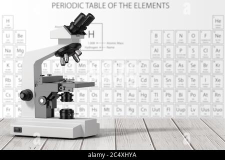 Microscope de laboratoire moderne devant le Tableau périodique des éléments sur une table en bois. Rendu 3d Banque D'Images