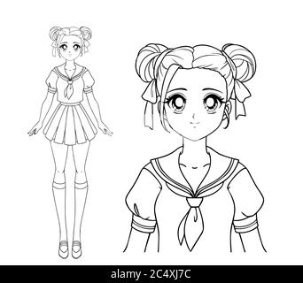 Fille de manga souriante avec de grands yeux et deux queues de porc portant l'uniforme scolaire japonais. Illustration vectorielle dessinée à la main. Isolé sur fond blanc. Illustration de Vecteur