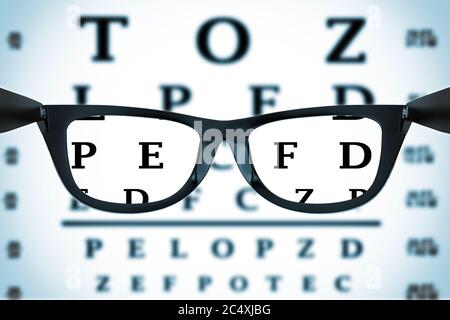Graphique ou test visuel visible à travers les lunettes sur fond blanc. Rendu 3d Banque D'Images