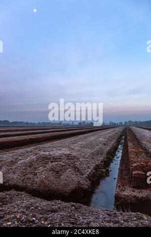 Lever du soleil sur un site d'excavation de tourbe dans le nord-ouest de l'Allemagne Banque D'Images