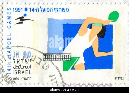 ISRAËL - VERS 1991: Timbre imprimé par Israël, montre le ping-pong, vers 1991 Banque D'Images