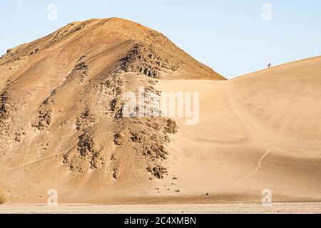 Homme vu d'une distance à pied sur une grande dune dans le désert péruvien. CASMA, Département d'Ancash, Pérou. Banque D'Images