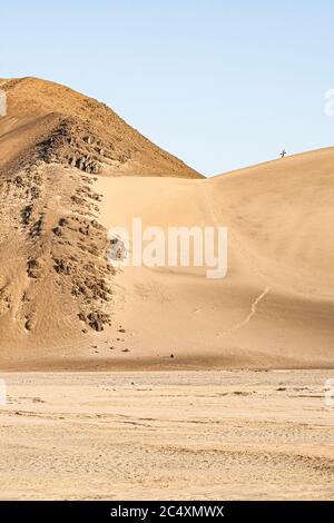 Homme vu d'une distance à pied sur une grande dune dans le désert péruvien. CASMA, Département d'Ancash, Pérou. Banque D'Images