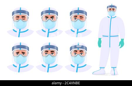 Jeu de médecin expression faciale avec combinaison de sécurité, masque, lunettes et écran facial.Médecin ou chirurgien portant un EPI. Illustration de Vecteur