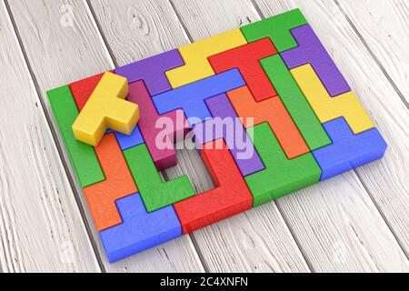 Concept de pensée logique. Différentes formes colorées blocs de bois sur un fond de planche en bois. Rendu 3d Banque D'Images