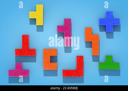 Concept de pensée logique. Différentes formes colorées blocs de bois sur fond bleu. Rendu 3d Banque D'Images