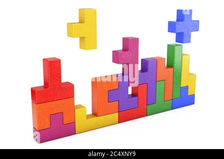 Concept de pensée logique. Différentes formes colorées blocs de bois sur fond blanc. Rendu 3d Banque D'Images