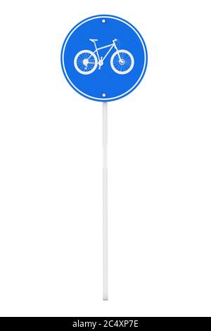 Panneau de signalisation rond bleu pour vélo sur fond blanc. Rendu 3d Banque D'Images