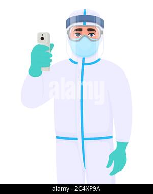 Médecin en costume de protection de sécurité et tenue de l'examen numérique de la température.Le chirurgien vérifie à l'aide d'un thermomètre infrarouge.Personne médicale. Illustration de Vecteur