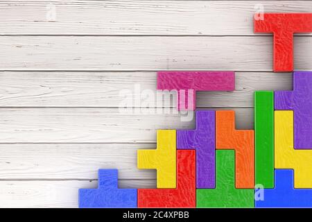 Concept de pensée logique. Différentes formes colorées blocs de bois sur un fond de planche en bois. Rendu 3d Banque D'Images