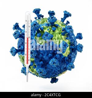 Carte du monde virus texturé et thermomètre isolé sur fond blanc. Illustration 3D. Banque D'Images