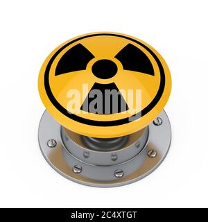 Bouton nucléaire de lancement de la bombe atomique jaune avec symbole de rayonnement sur fond blanc. Rendu 3d Banque D'Images