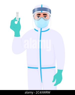 Médecin en combinaison de protection de sécurité et montrant un kit de test rapide pour la maladie virale. Médecin chirurgien tenant la carte de laboratoire. Médecin portant une protection personnelle Illustration de Vecteur