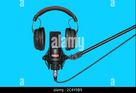 microphone et casque pour l'enregistrement de podcasts sur fond bleu Banque D'Images