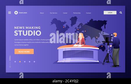 Production d'actualités, workflow de studio de télévision. Diffusion d'actualités télévisées, illustration vectorielle. Femme médias diffuseurs et caméraman avec caméra à la wor Illustration de Vecteur