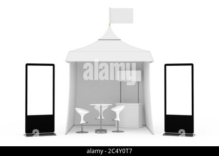 Salon écran LCD support près Publicité promotionnelle tente d'événement extérieur avec drapeau, table et chaises sur fond blanc. Rendu 3d Banque D'Images