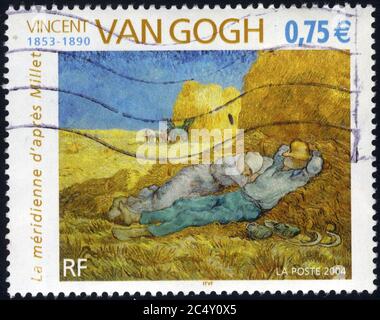 Timbre oblitéré Vincent van Gogh. 1853-1890. La méridienne d'après Millet. La poste. 2004 0,75 €. RF Banque D'Images