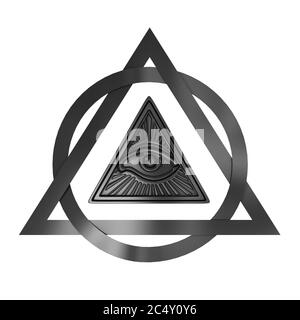 Concept de symbole maçonnique. Tous voient l'œil à l'intérieur du triangle de la pyramide sur un fond blanc. Rendu 3d Banque D'Images