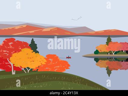 Automne montagnes lac paysage plat vecteur Illustration de Vecteur