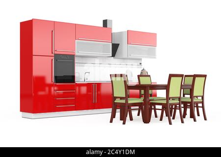 Table et chaises devant un mobilier moderne de cuisine rouge avec ustensiles de cuisine sur fond blanc. Rendu 3d Banque D'Images