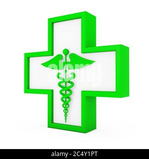 Symbole vert du caduceus médical en croix sur fond blanc. Rendu 3d Banque D'Images