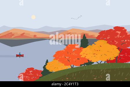 Automne montagnes lac paysage plat vecteur Illustration de Vecteur