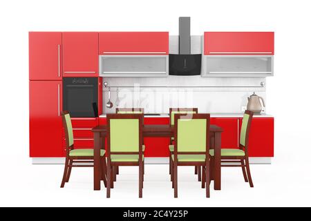 Table et chaises devant un mobilier moderne de cuisine rouge avec ustensiles de cuisine sur fond blanc. Rendu 3d Banque D'Images