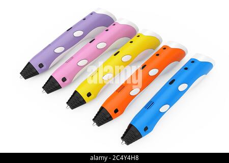 Concept de technologie. Stylos d'impression 3d colorés sur fond blanc. Rendu 3d Banque D'Images