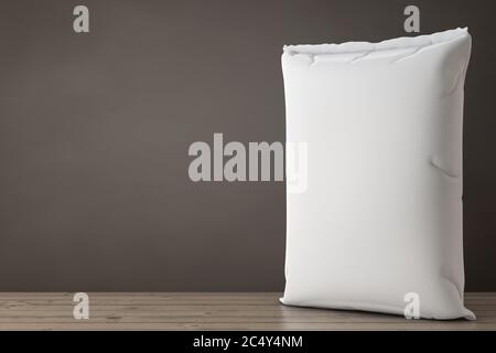 Sac de ciment blanc blanc en papier vierge sur un sol en bois. Rendu 3d Banque D'Images