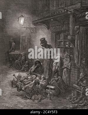 Les citoyens de Houndsditch, East End, Londres, ont été frappés par la pauvreté. Après une gravure de Gustave Dore dans le livre Londres: Un pèlerinage de Gustave Dore et Blanchard Jerrold, publié en 1872. Banque D'Images