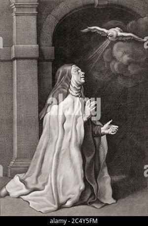 Sainte Thérèse d'Ávila, baptisée Teresa Sánchez de Cepeda y Ahumada, 1515 – 1582. Mystique espagnole, saint catholique romain. Elle est représentée recevant une vision. Après une gravure de Pieter van Schuppen d'une oeuvre de Peter Paul Rubens. Banque D'Images