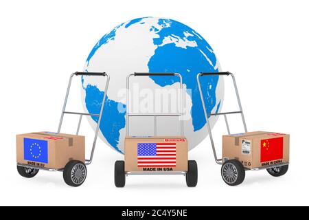 Boîte en carton avec un drapeau de Chine, des États-Unis et de l'UE sur un camion à main près de Earth Globe sur un fond blanc. Rendu 3d Banque D'Images