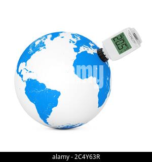 Vanne thermostatique de radiateur sans fil numérique connectée au globe terrestre sur un fond blanc. Rendu 3d Banque D'Images