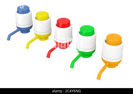 Pompes à eau manuelles colorées pour bouteilles d'eau sur fond blanc. Rendu 3d. Banque D'Images