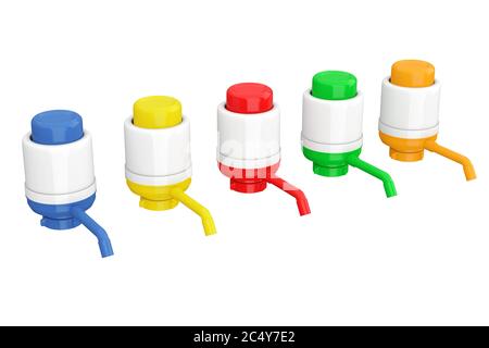 Pompes à eau manuelles colorées pour bouteilles d'eau sur fond blanc. Rendu 3d. Banque D'Images