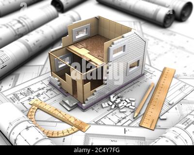 d illustration d'un plan de maison de deux étages et de dessins Banque D'Images