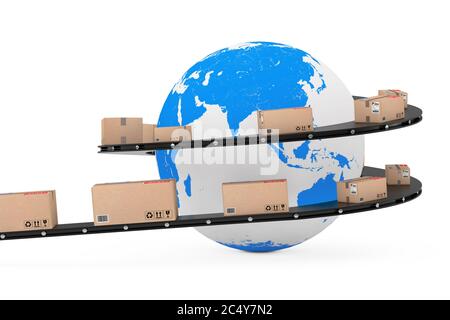 Concept global de logistique et d'expédition. Globe terrestre entouré de boîtes en carton avec colis sur convoyeur à rouleaux sur fond blanc. 3d Rende Banque D'Images